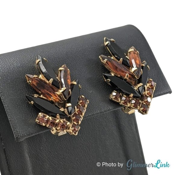 Vintage Brown Black Navette Chevron Gold Tone Clip On Earrings - Picture 3 of 9